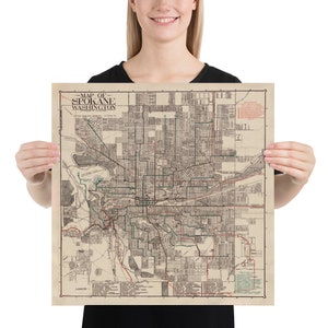 Alte Spokane WA Karte (1924) die lila Stadt Washington State Vintage Atlas Poster
