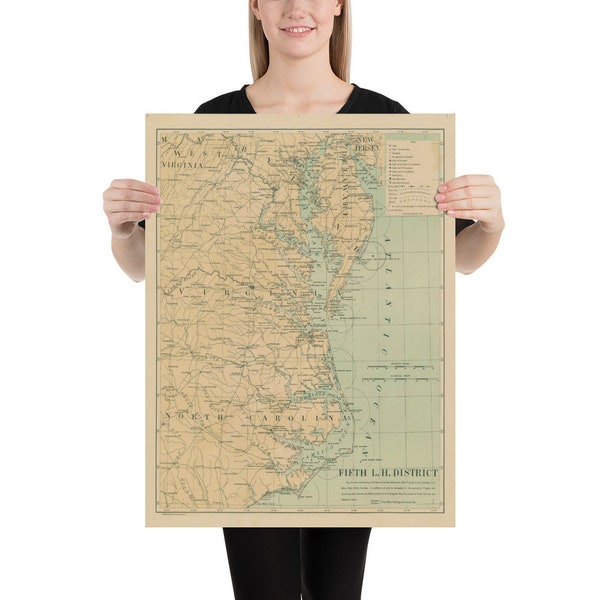 Old Outer Banks & Chesapeake Bay Lighthouse Map (1897) Vintage Virginia and North Carolina Nautical Chart Poster