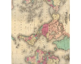 ヴィンテージの世界地図タペストリー（1860年）カラフルな旅行地図帳