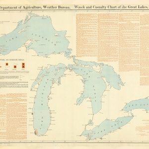 Mapa vintage de naufrágios dos Grandes Lagos (1894) Download de imagem digital de 18 x 24 polegadas