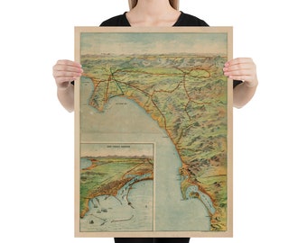 May include: Vintage map of San Diego, California, showing the city's layout and surrounding areas. The map is printed on aged paper with a cream background and features a detailed illustration of the city's streets, railroads, and landmarks. The map includes a smaller inset map of San Diego Harbor.
