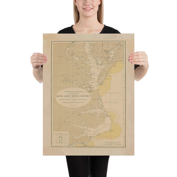 Old Outer Banks, Chesapeake Bay Lighthouse Map (1872) Vintage Virginia & Maryland Nautical Chart Poster