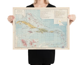 Old Caribbean Map (1886) Vintage West indies Isles Atlas Poster