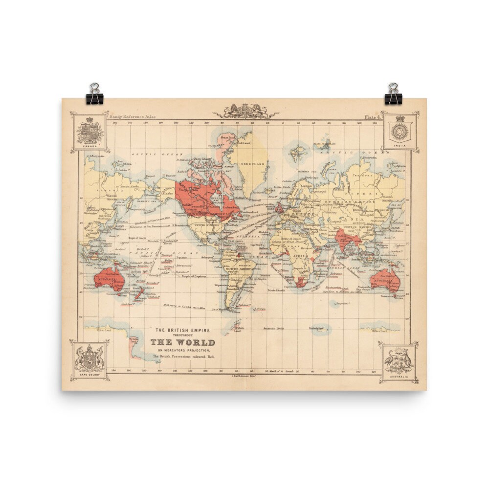 Vintage British Empire World Map (1888) Old English Colonies Atlas