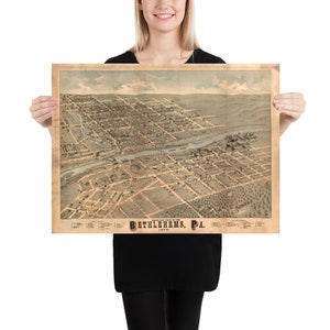 Alte Bethlehem PA Karte (1878) Vintage Pennsylvania Vögel Auge Perspektive Stadt Atlas Poster