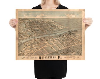Alte Bethlehem PA Karte (1878) Vintage Pennsylvania Vögel Auge Perspektive Stadt Atlas Poster