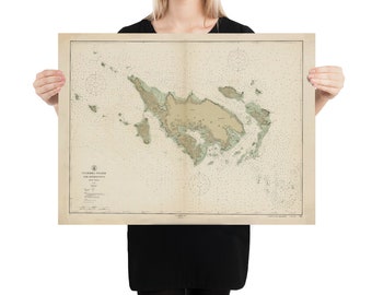 May include: A vintage nautical chart of the Culebra Island and Approaches, Puerto Rico. The chart is printed on aged paper with a cream background and features detailed lines and markings in black and green.