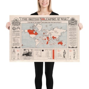 Old British Empire at War Map (1916) Vintage Kolonial England Schlachtfelder Atlas Poster