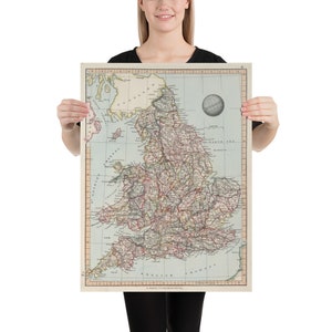 Stara mapa Anglii (1850) Vintage Britain Atlas plakat