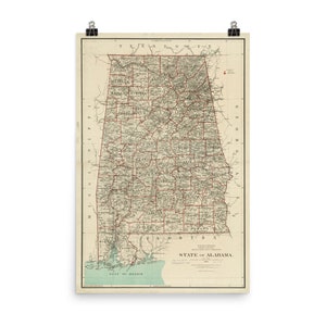 Ancienne carte de l'Alabama (1889) L'Atlas vintage de l'État de Cotton Poster