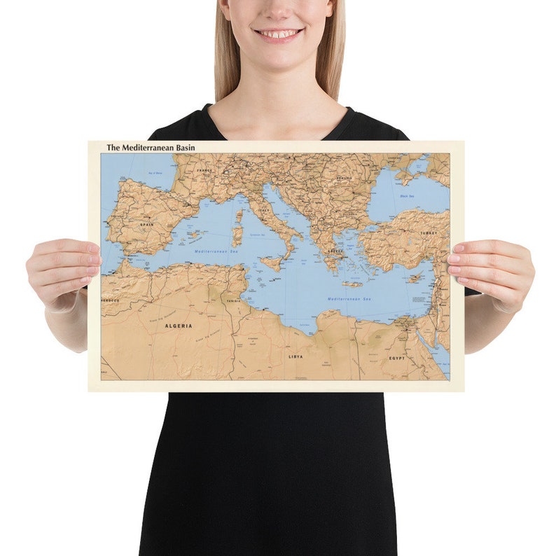 Mediterranean Sea Map (1998) Southern Europe & Northern Africa Atlas Poster