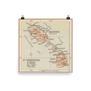 Old St Kitts and Nevis Mapa (1919) Vintage Saint Christopher Island Atlas Cartel
