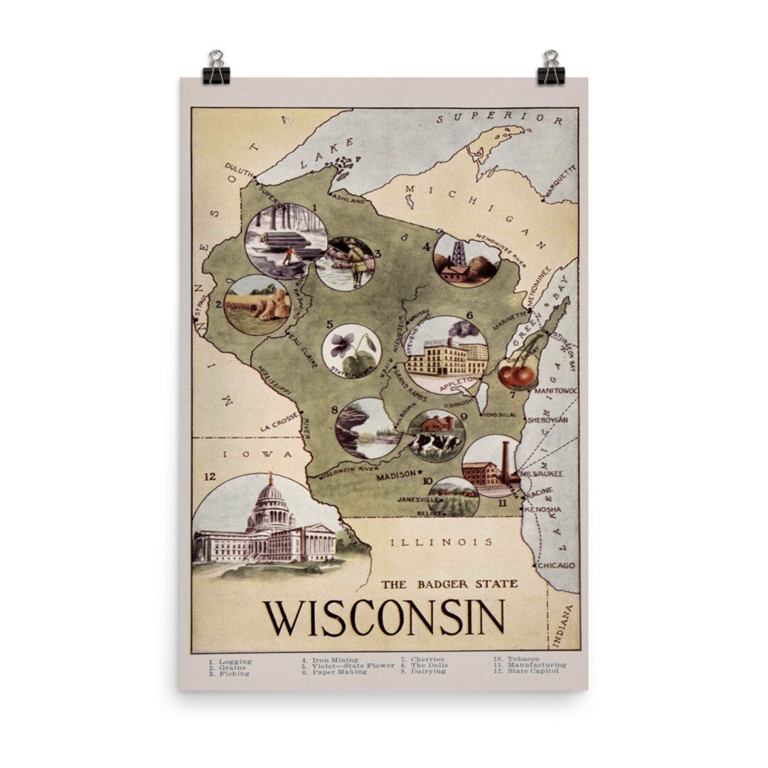 Vintage Wisconsin Map 1923 Old Badger State Landmarks Atlas Etsy