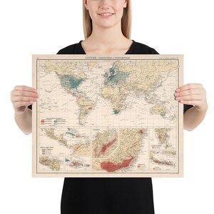 Puede incluir: Mapa del mundo vintage que muestra la producción y el consumo de café. El mapa está impreso en un fondo crema con marcas rojas, verdes y azules. El mapa está titulado "Café - Producción y consumo".