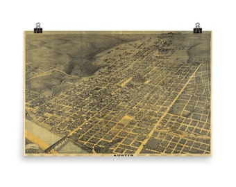 Old Austin TX Map (1887) - Birds Eye Perspective Atlas Poster