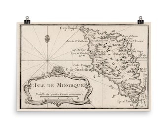 Old Menorca Spain Map (1764) Vintage Minorca and Balearic Island Atlas Poster