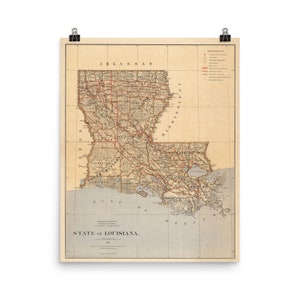Ancienne carte de la Louisiane (1876) Poster vintage de l'atlas de l'état du Bayou