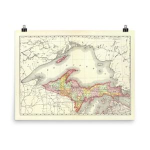 Michigan UP Map (1897) Old MI Upper Peninsula & Lake Superior Atlas Poster