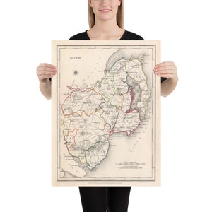 Vintage County Down Ireland Karte (1846) Old Northern Irish Regional Area Atlas Poster