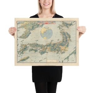 Alte Japan und Korea Karte (1915) Vintage japanische Seevögel Auge Ansicht Diagramm Poster