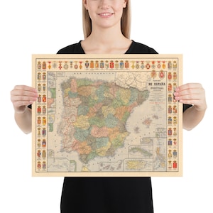 古いスペイン地図（1892年）ビンテージスペイン家紋チャートポスター