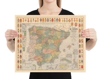 Old Spain Map (1892) vintage Spanish Family Crests Chart Affiche