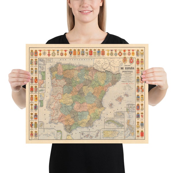 Old Spain Map (1892) Vintage Spanish Family Crests Chart Poster