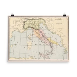 May include: A vintage map of Ancient Italy from 264 to 222 B.C. The map shows the different regions of Italy, including Etruria, Latium, Campania, and Samnium. The map is in shades of pink, yellow, green, and blue.
