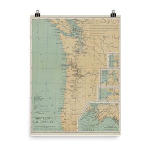 Ancienne carte des phares de Washington et de l'Oregon (1898) vintage Pacific Northwest Atlas Poster
