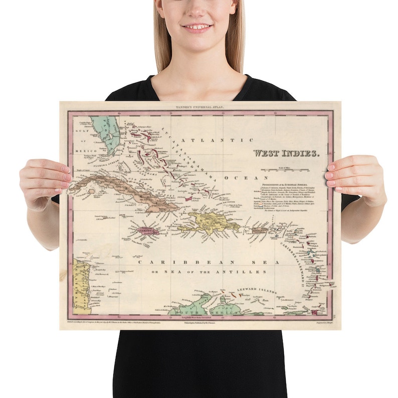May include: An antique map of the West Indies, showing the islands and surrounding waters. The map is printed on aged paper with a light brown background and features a variety of colors, including red, green, yellow, and blue. The map is titled "West Indies."
