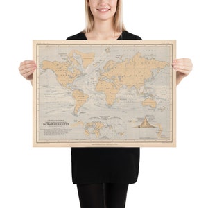 Mapa de corrientes oceánicas del Viejo Mundo (1860) Póster vintage del Atlas de mareas oceánicas