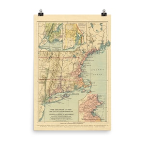 Alte New England Siedlungen Karte (1905) Vintage Massachusetts Bay Company Atlas Poster