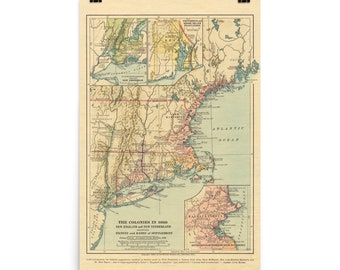 May include: A vintage map of the colonies in 1660, showing New England and New Netherland. The map is labeled with the extent and dates of settlement. The map is printed on a cream-colored background with brown, green, and blue lines and text.