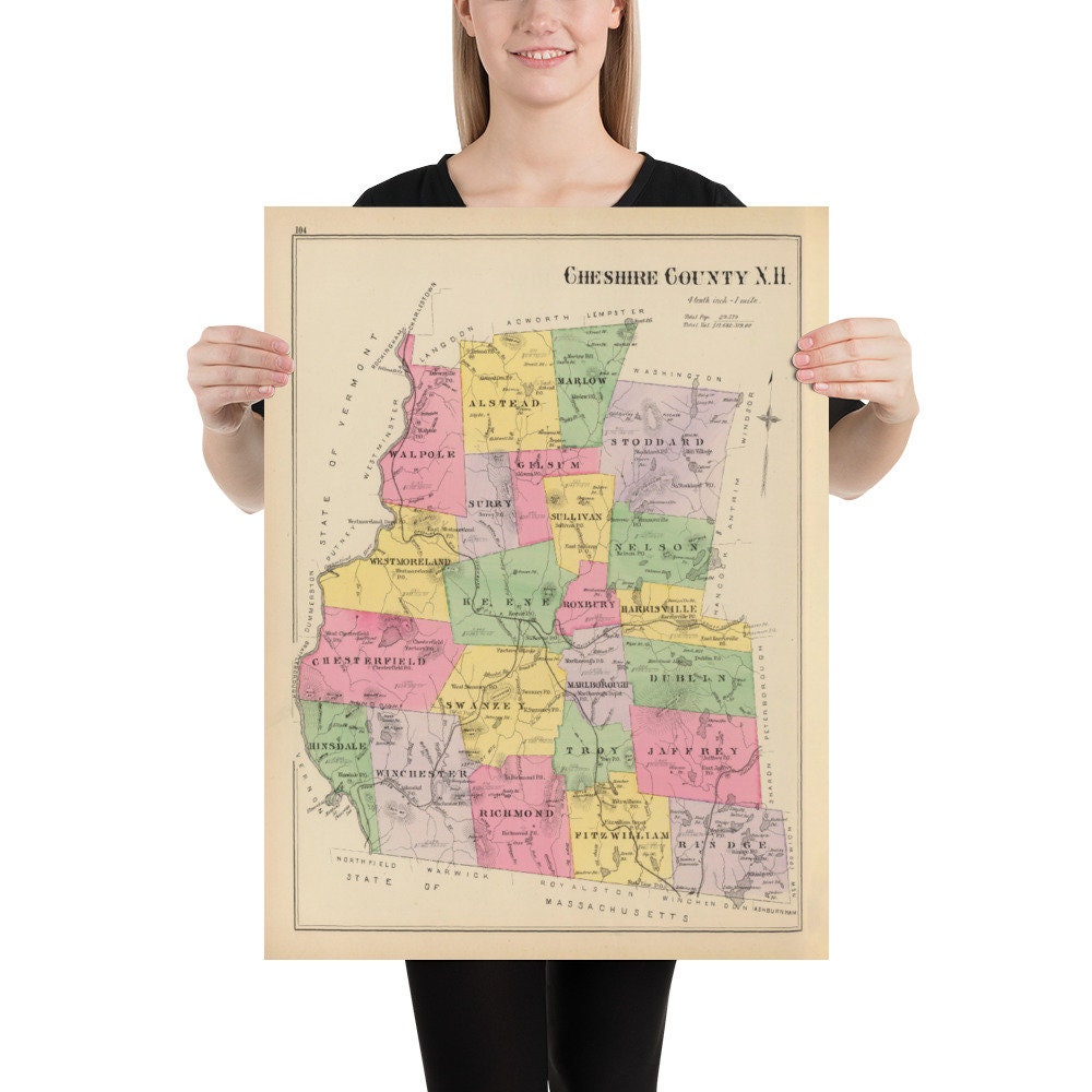 Old Cheshire County NH Map 1892 Vintage Southwest New Etsy