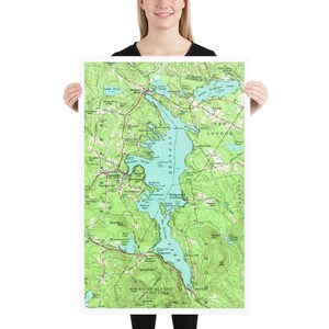 Poster Old Lake Sunapee NH Mapa (1955) Vintage New Hampshire Reservoir Atlas