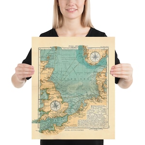 Alte Wikinger Segelrouten Karte (1906) Vintage nordischeN Explorationen von England Atlas Poster