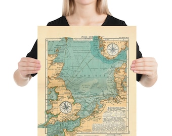 Old Viking Sailing Routes Map (1906) Vintage Norse Explorations of England Atlas Poster