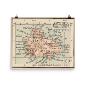 Alte Antigua Karte (1919) Vintage Waladli Insel Atlas Poster