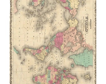 ヴィンテージの世界地図タペストリー（1860年）カラフルな旅行地図帳