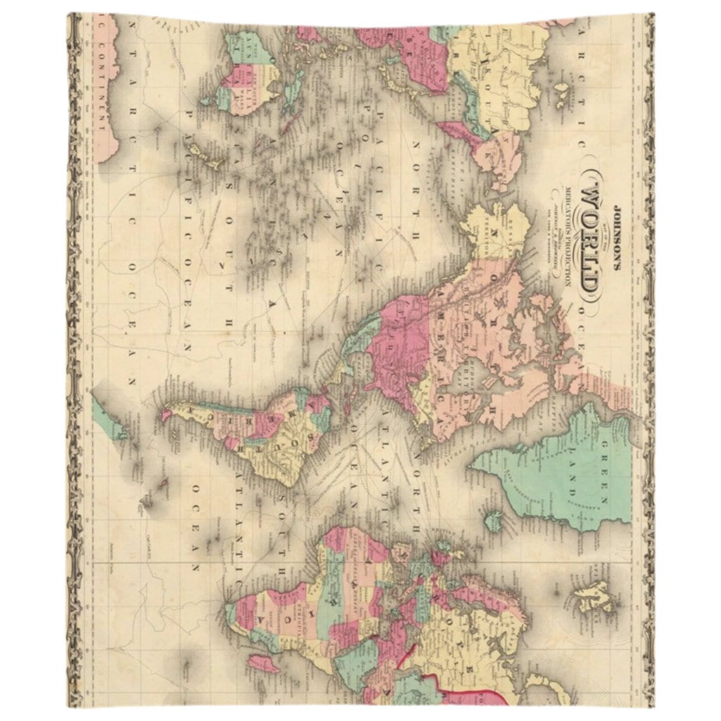 ヴィンテージの世界地図タペストリー（1860年）カラフルな旅行地図帳