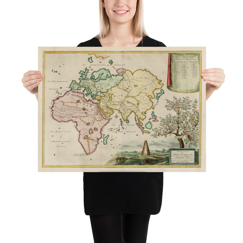 May include: An antique world map print featuring a detailed illustration of the continents, including Europe, Asia, Africa, and the Americas. The map is in a vintage style with a faded colour palette and handwritten text. The map is surrounded by a decorative border and includes a key with various symbols and labels.