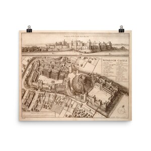 May include: An antique map of Windsor Castle, England, with a detailed aerial view of the castle and surrounding grounds. The map includes a key identifying various buildings and features within the castle.