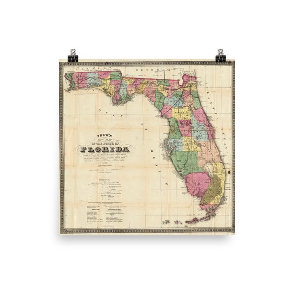 Vintage Florida Map (1870) FL Counties Atlas Poster