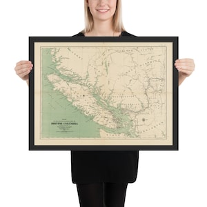 Ancienne carte de l'île de Vancouver (1892), affiche encadrée de l'Atlas de la Colombie-Britannique vintage