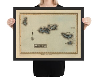 Old Azores Portugal Map (1823) Vintage Açores Islands Atlas Framed poster