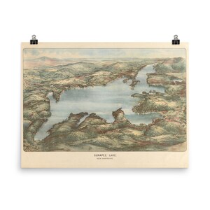 Poster Vintage Lake Sunapee NH Mapa (1905) Perspectiva de olho de pássaro antigo Atlas