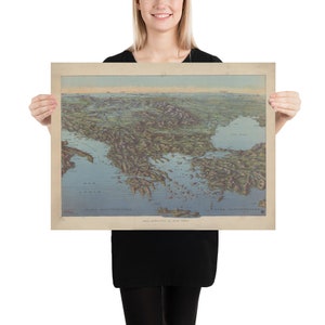 Alte Balkan-Halbinsel Karte (1916) Vintage östlichen mediterranen Vögel Auge Perspektive Atlas Poster