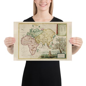 May include: An antique world map print with a vintage aesthetic. The map is divided into continents with different colours, including green, yellow, and pink. The map is surrounded by a decorative border and includes a small tree and a tower in the bottom right corner. The text "NOVA  VIRTUS" is printed in the bottom right corner.