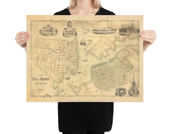 Alte Norfolk & Portsmouth VA Karte (1851) Vintage Hampton Straßen Atlas Poster