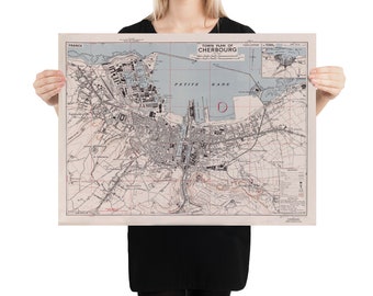 Old Cherbourg France Mappa (1943) Vintage Normand Normandia Città Atlas Poster